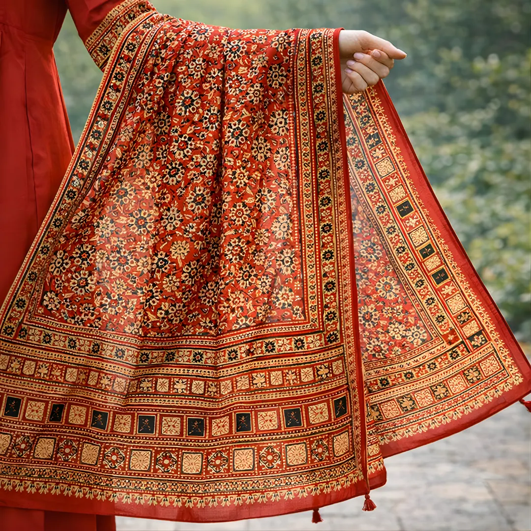 Red printed dupatta with traditional border design