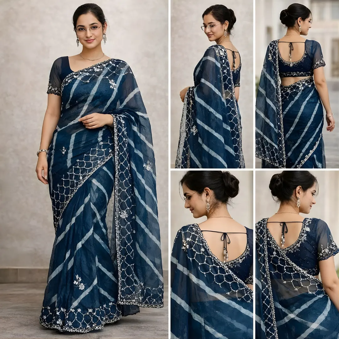 Navy blue saree collage showing front back blouse and pallu details