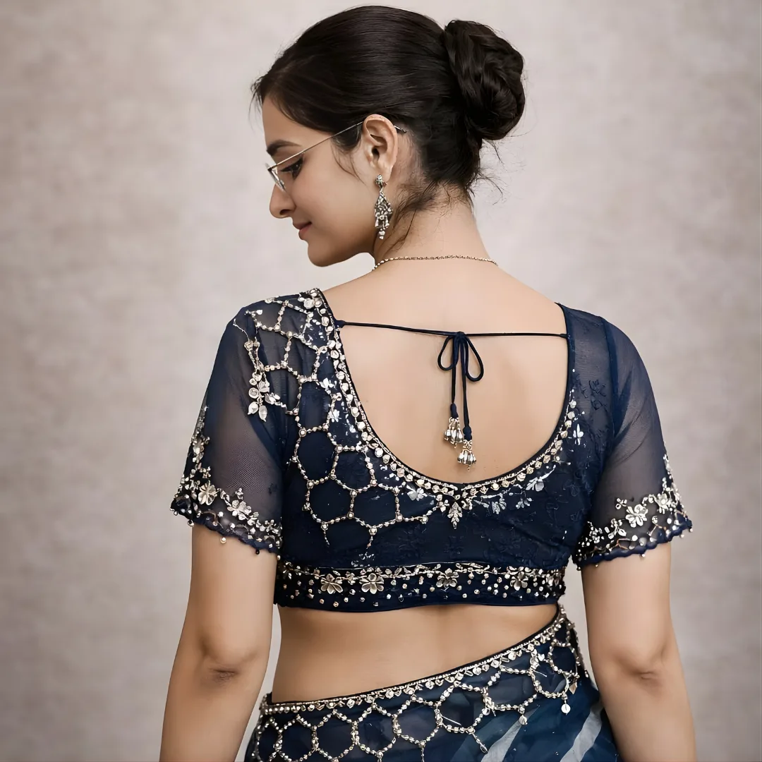 Navy blue blouse back design with embroidery and tie string