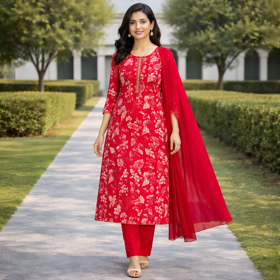 Red floral printed salwar suit with dupatta front view