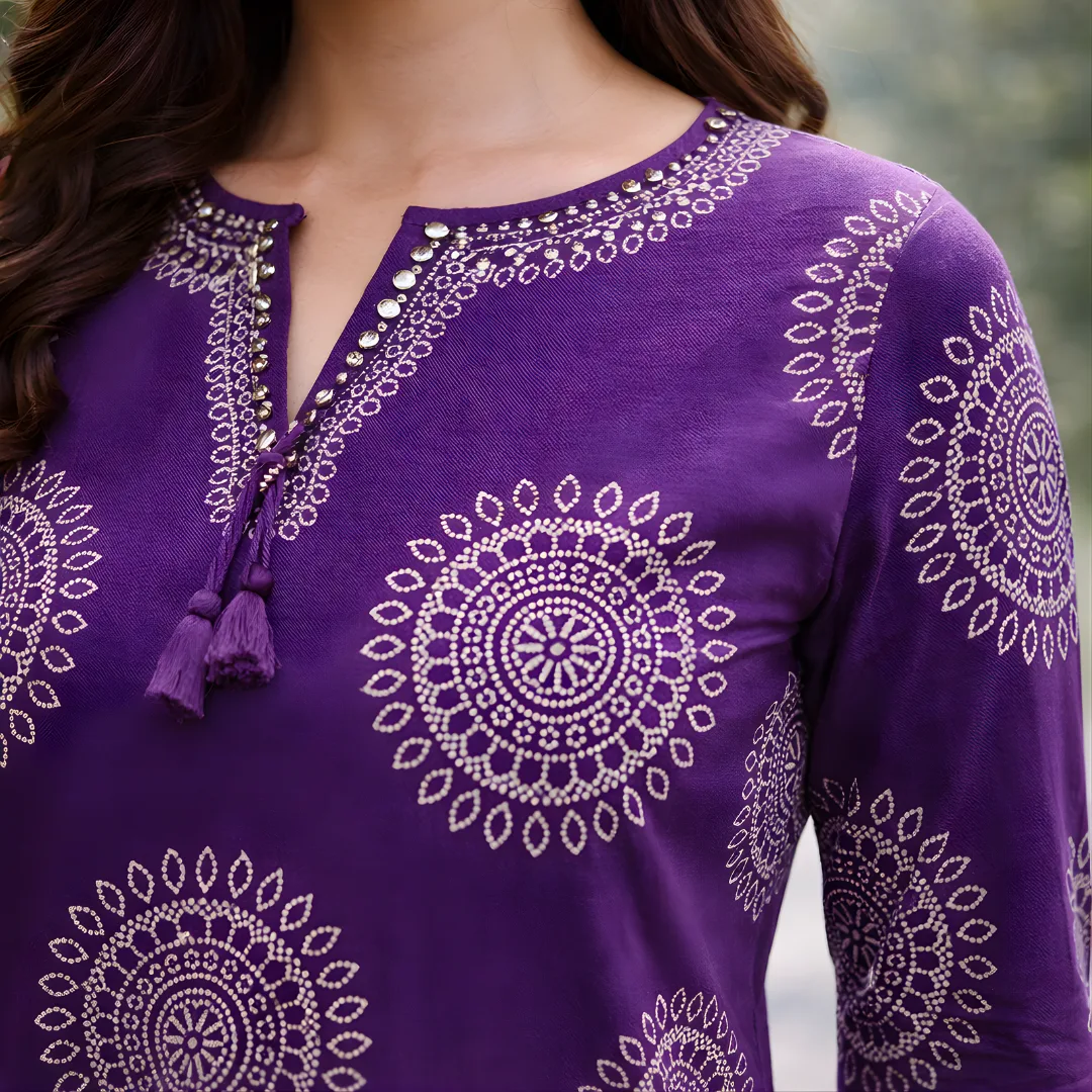 Purple style salwar suit neckline with printed design
