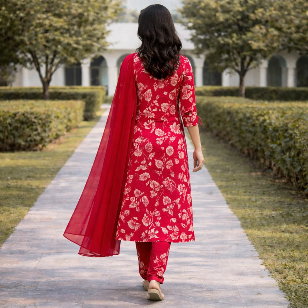 Back view of red floral printed salwar suit with dupatta