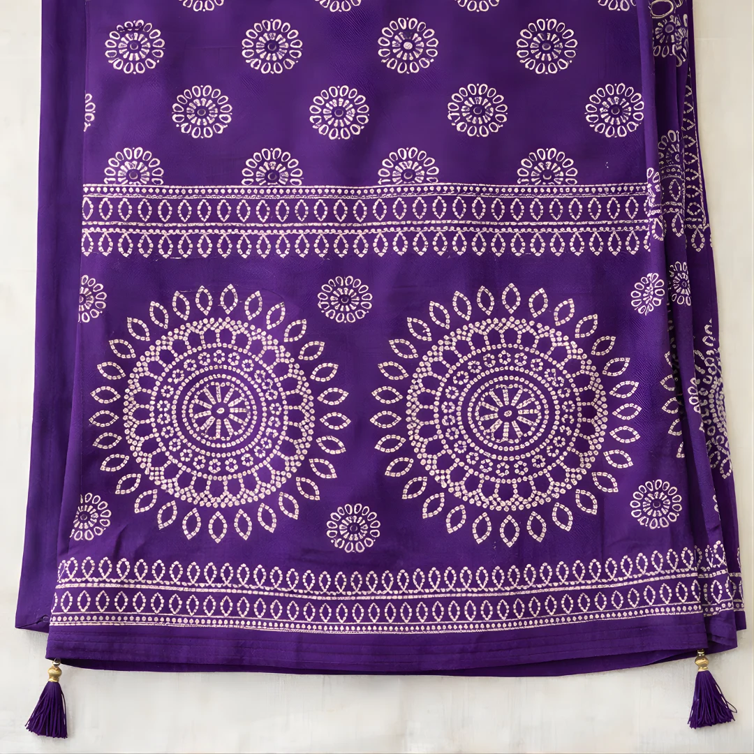 Purple printed dupatta with ethnic border and tassels