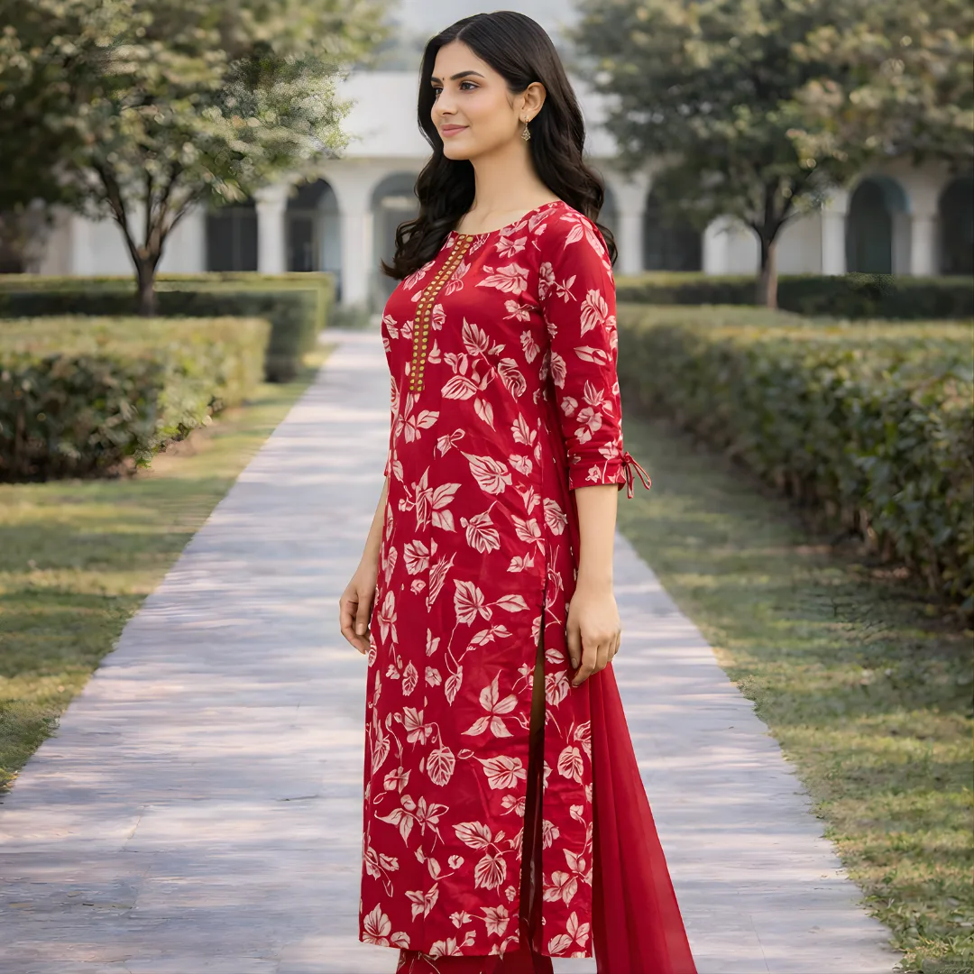 Side view of red floral kurta with dupatta