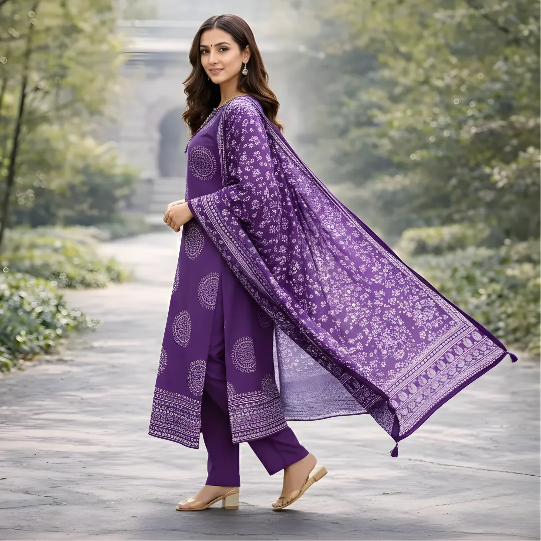 Side view of purple salwar suit with dupatta