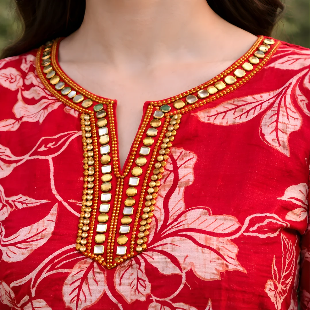 Red floral kurta neckline with mirror work