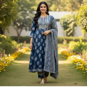 Blue frock pattern cotton salwar suit for women with dupatta