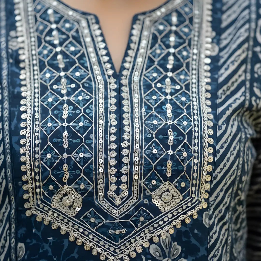 Blue cotton frock suit printed neckline and yoke detail