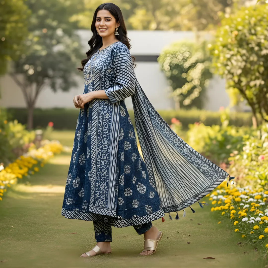 Blue frock pattern cotton salwar suit with printed dupatta side view