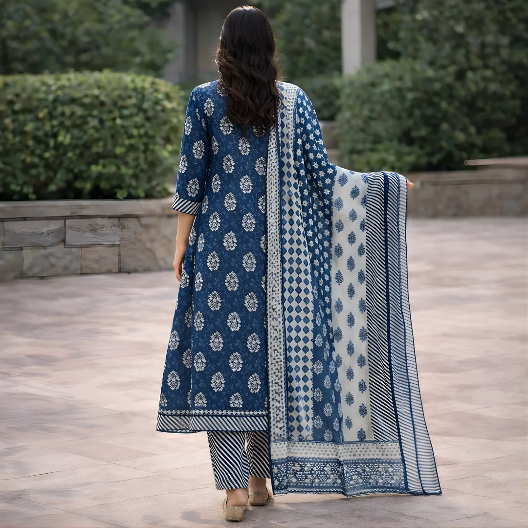 Back view of blue frock pattern cotton salwar suit