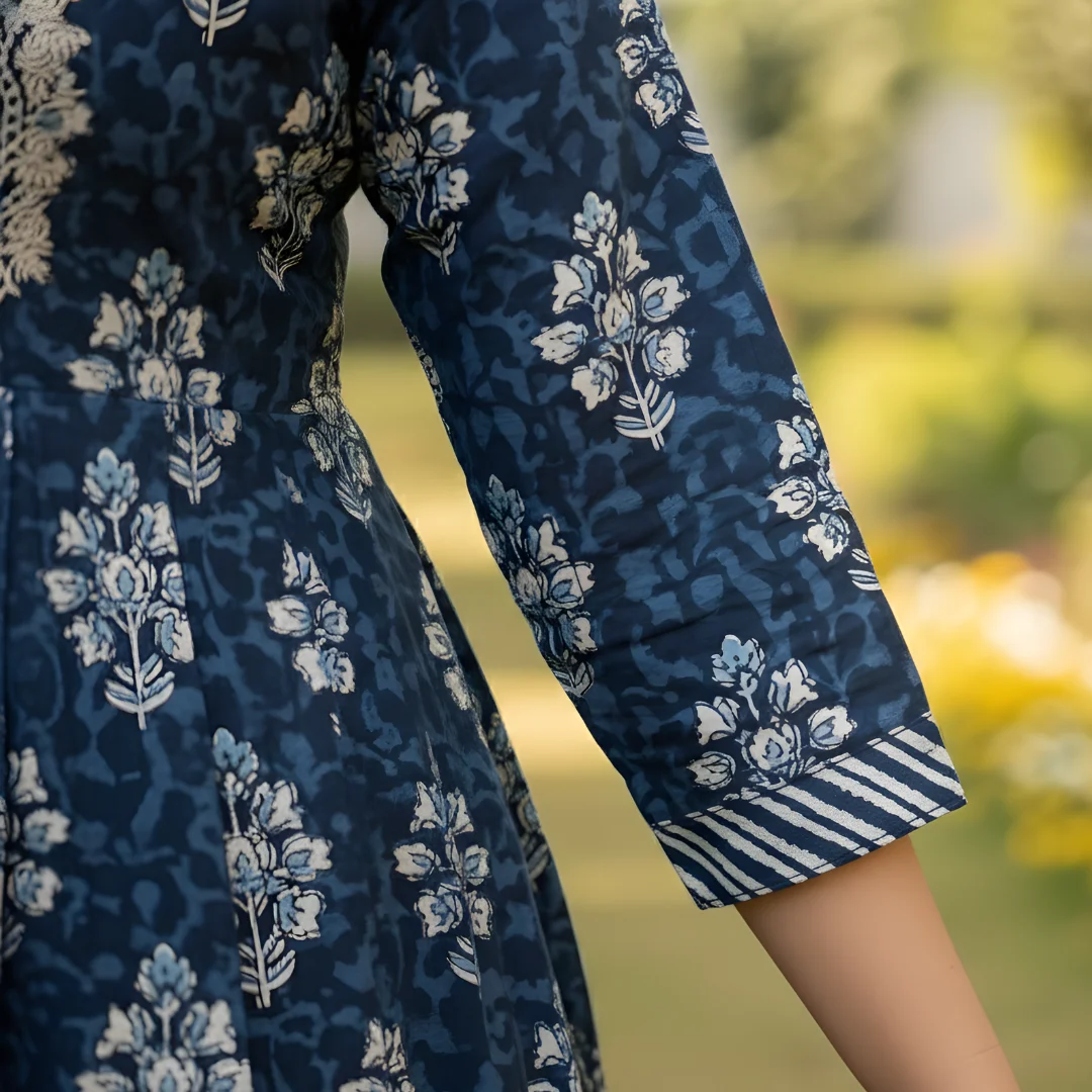 Blue cotton frock suit sleeve with floral print