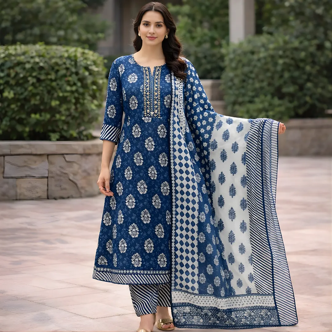 Blue frock style cotton salwar suit full length view