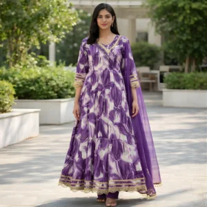 Purple frock pattern salwar suit for women with dupatta
