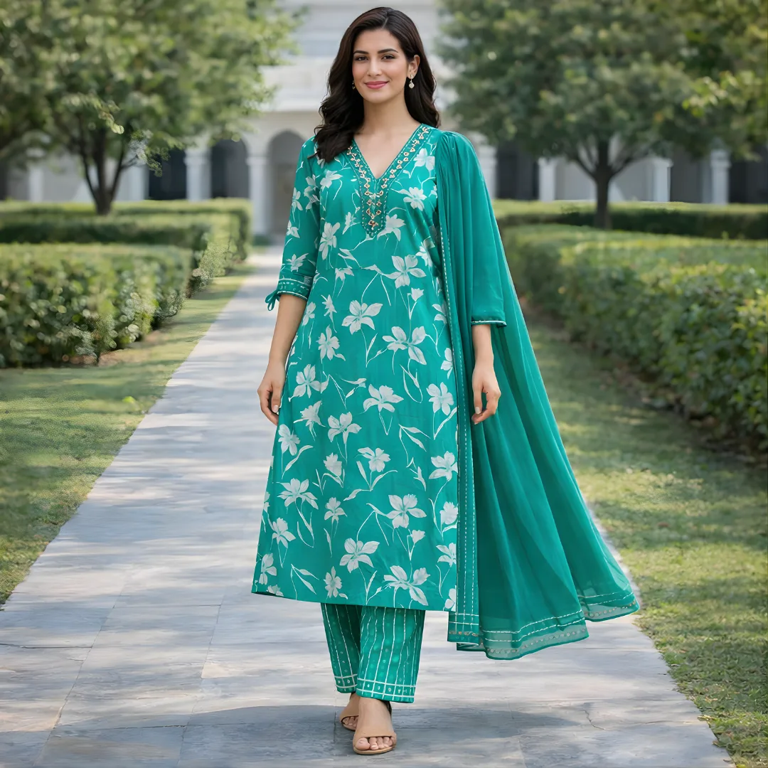Teal floral printed salwar suit for women with dupatta