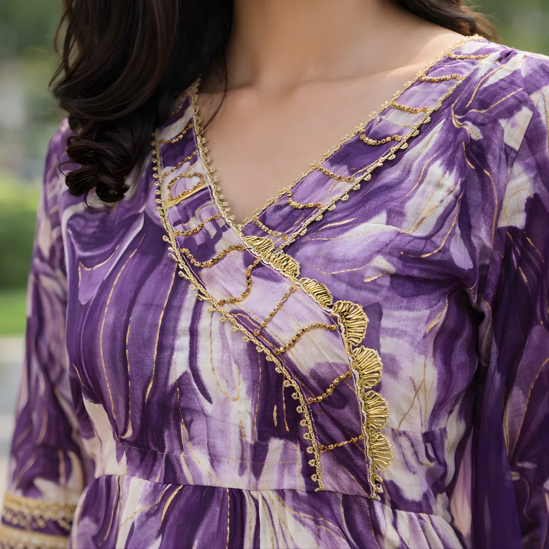Purple frock pattern salwar suit neckline with gold lace detailing