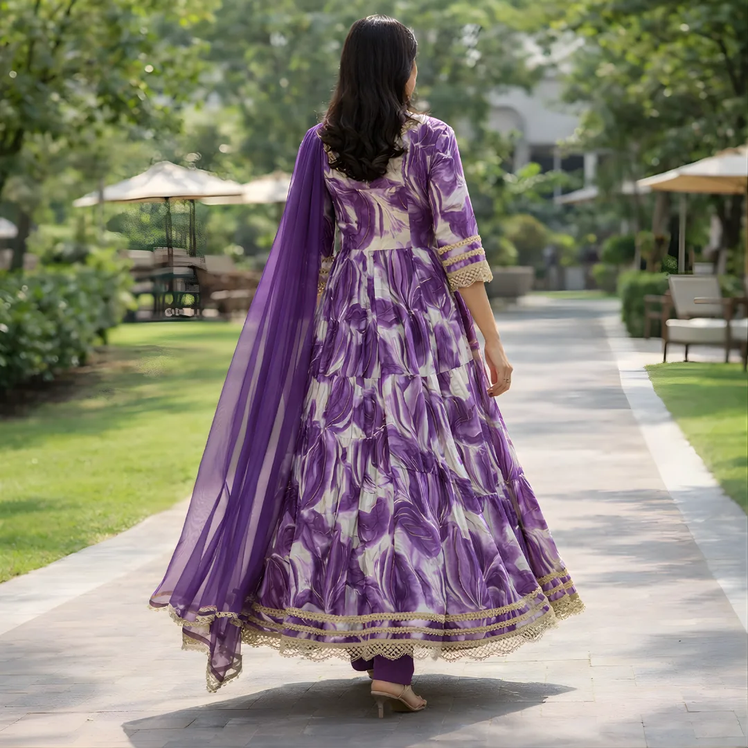 Back view of purple frock pattern salwar suit