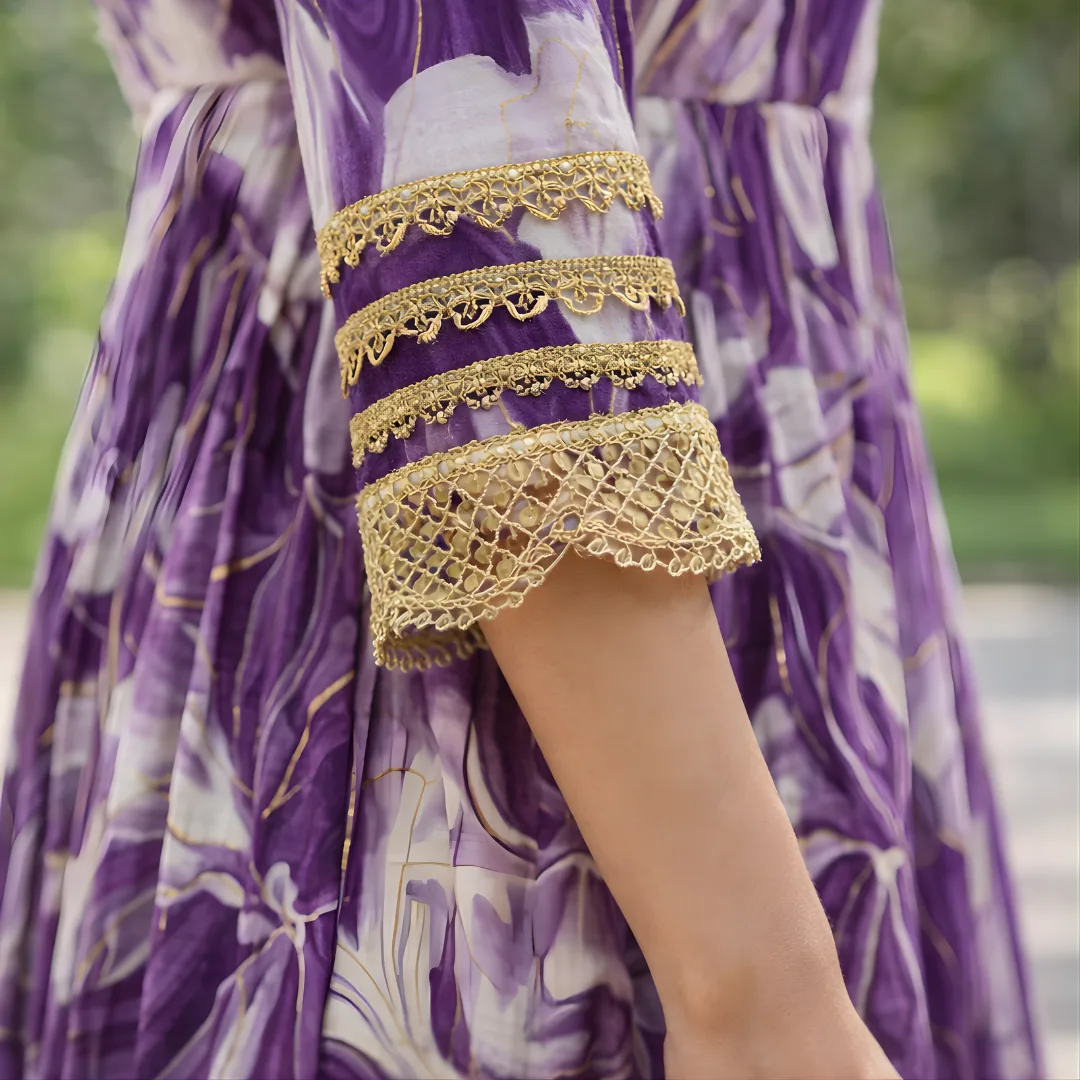 Purple frock suit sleeve with gold lace detailing