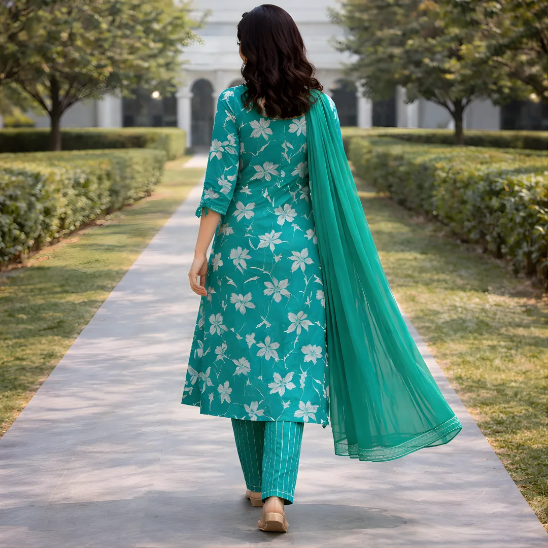 Back view of teal floral printed salwar suit with dupatta