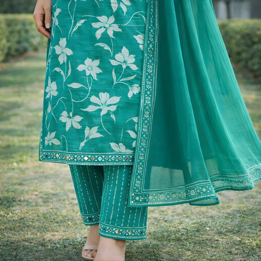 Teal Salwar Suit Pants and Dupatta Detail