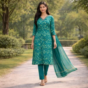 Teal ikat printed salwar suit for women with dupatta