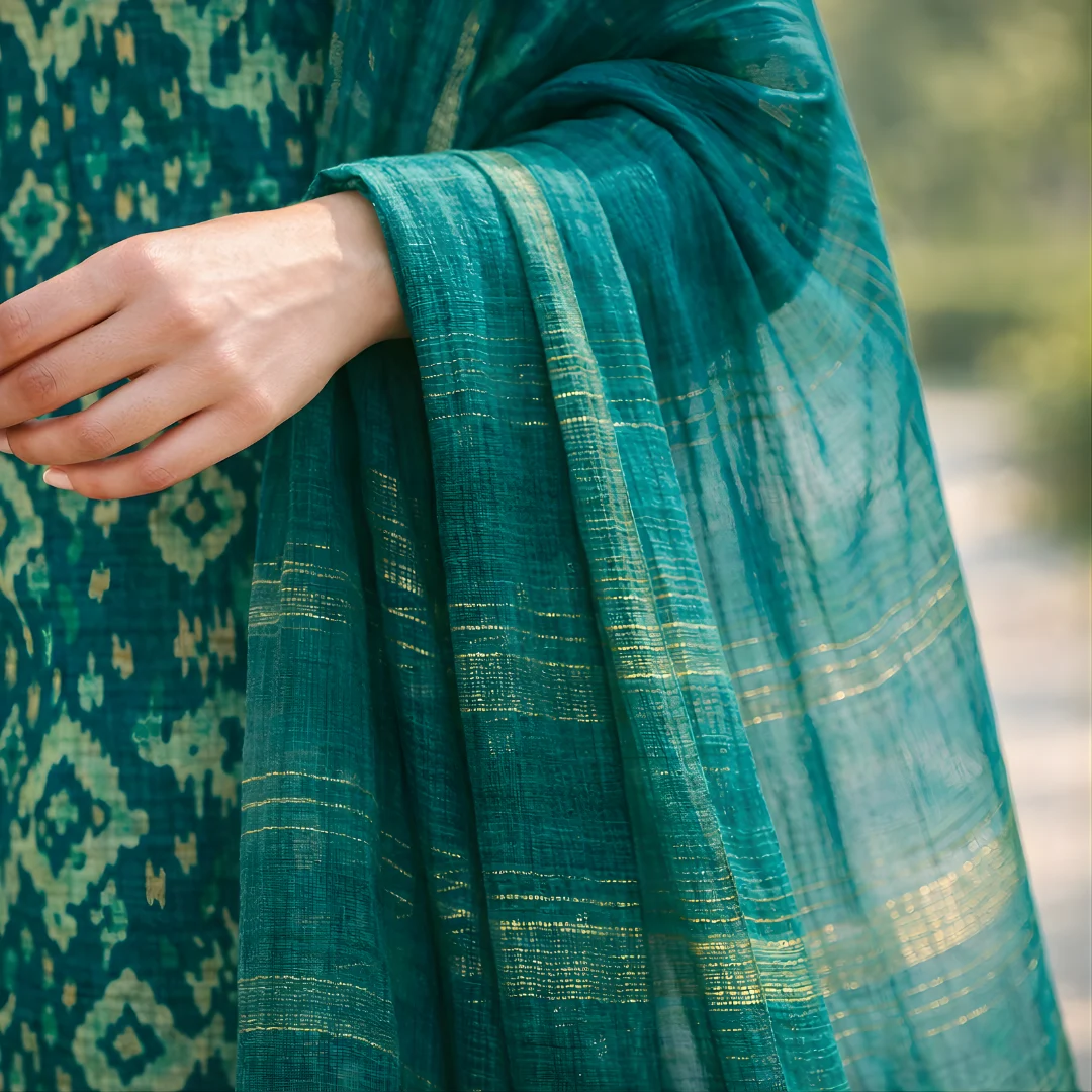 Teal dupatta with subtle golden stripe detail