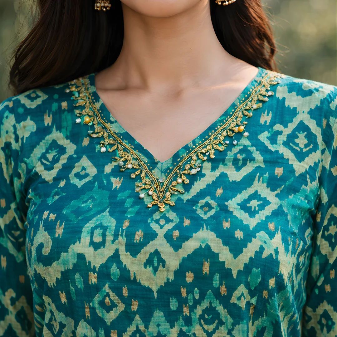 Teal ikat kurta V-neck with embroidery