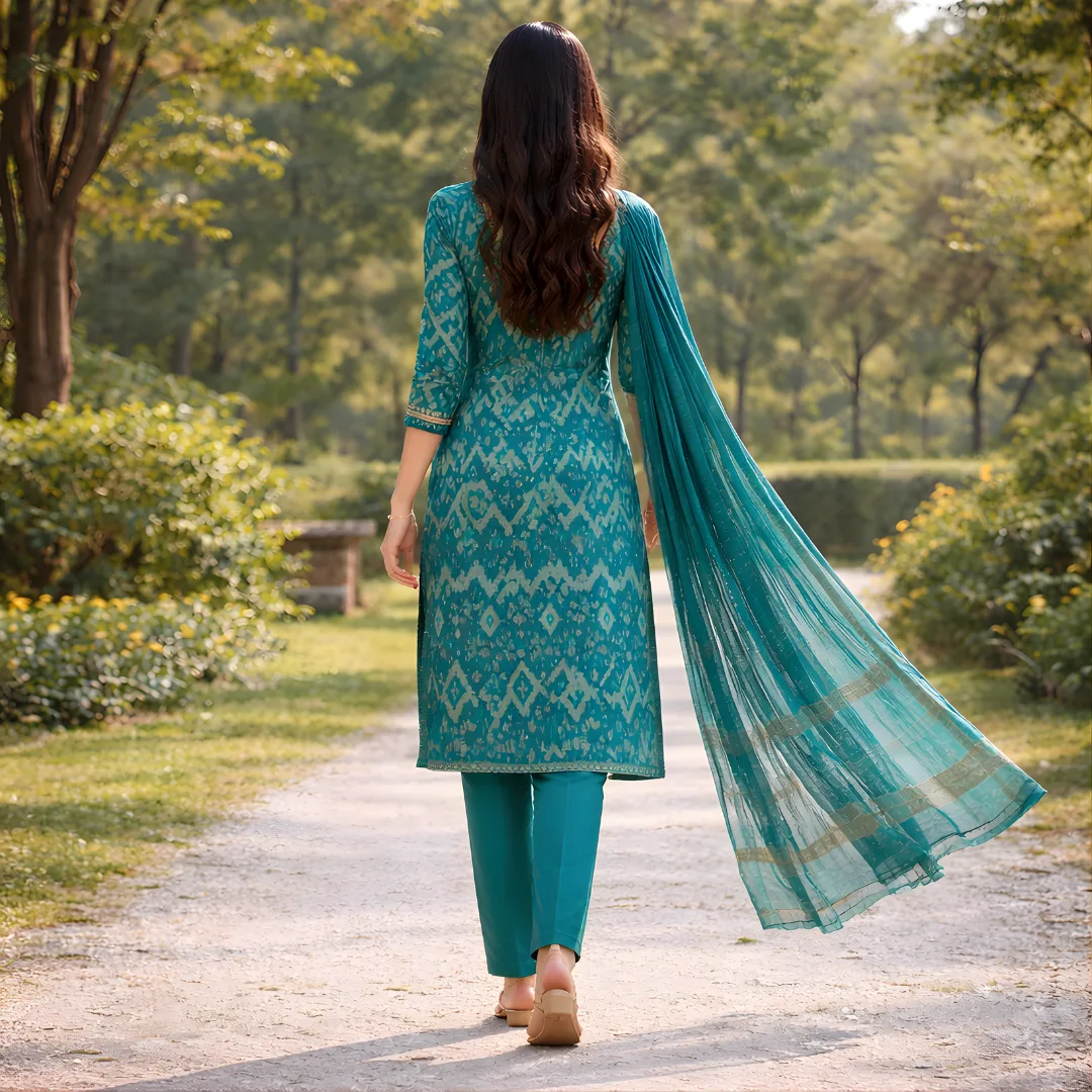 Back view of teal ikat printed salwar suit with dupatta