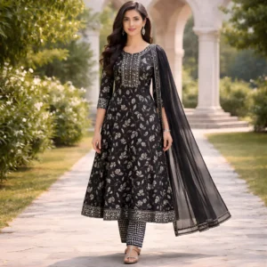 Black printed frock pattern salwar suit for women with dupatta.