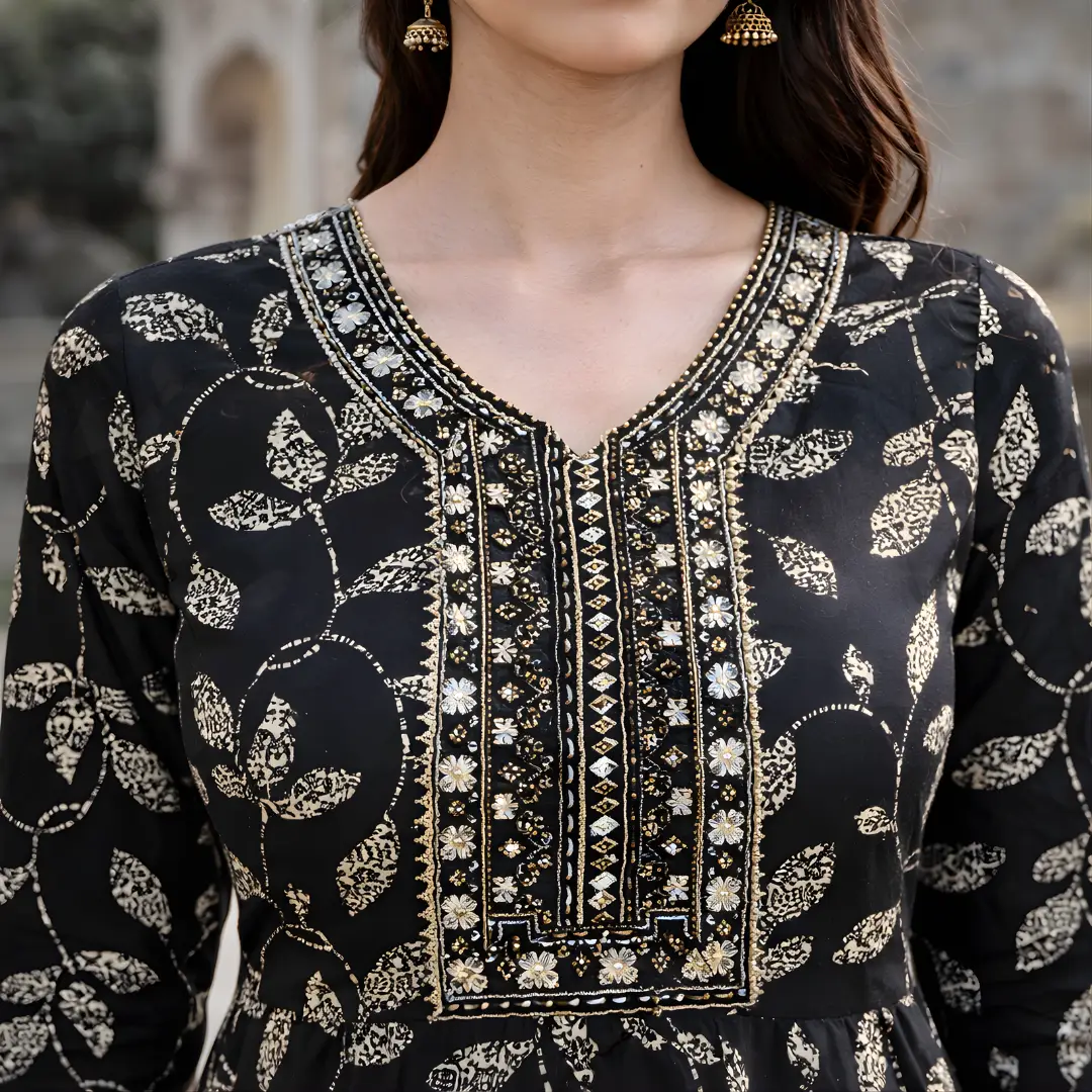 Black printed frock suit neckline with embroidered yoke