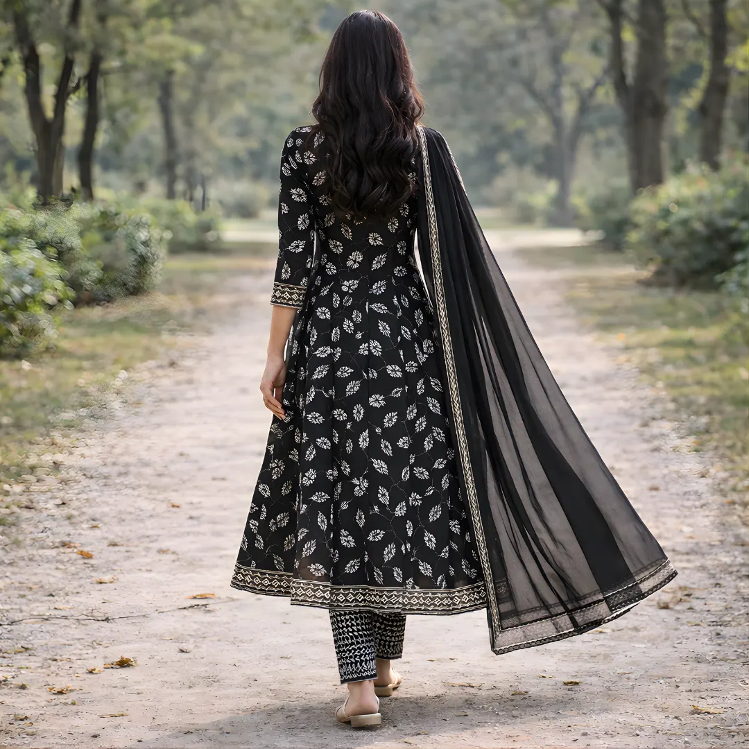 Back view of black printed frock pattern salwar suit