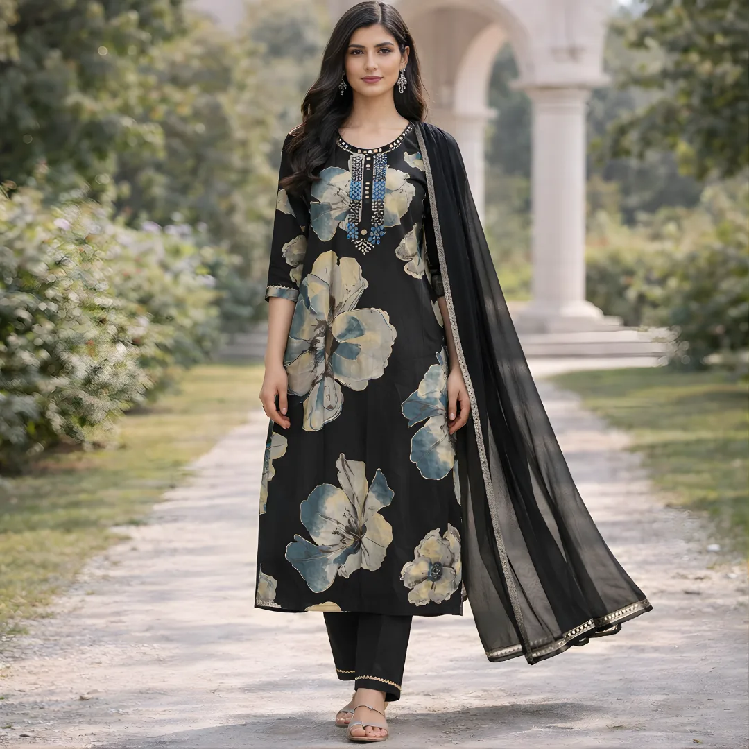 Black floral frock pattern salwar suit for women with dupatta