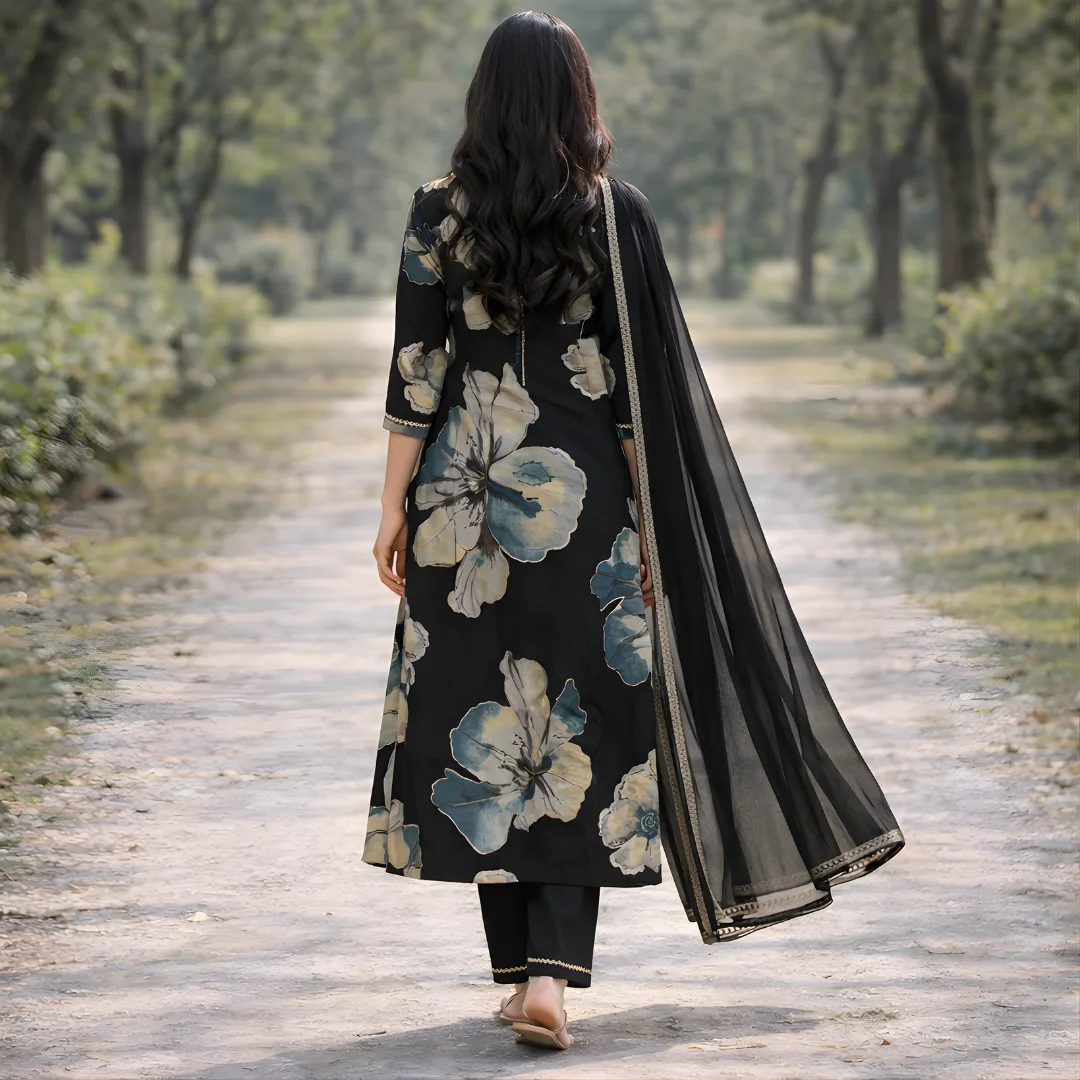 Back view of black floral frock pattern salwar suit