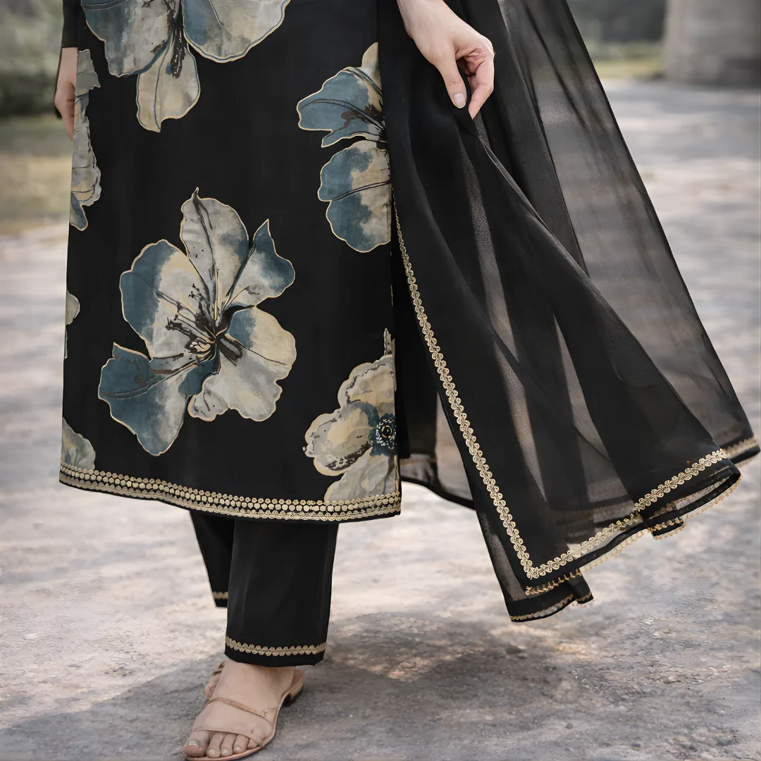 Black floral frock suit hemline with dupatta border