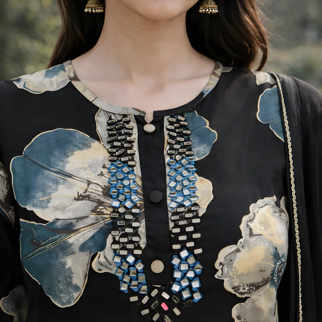 Black floral frock suit neckline with mirror and bead embellishment