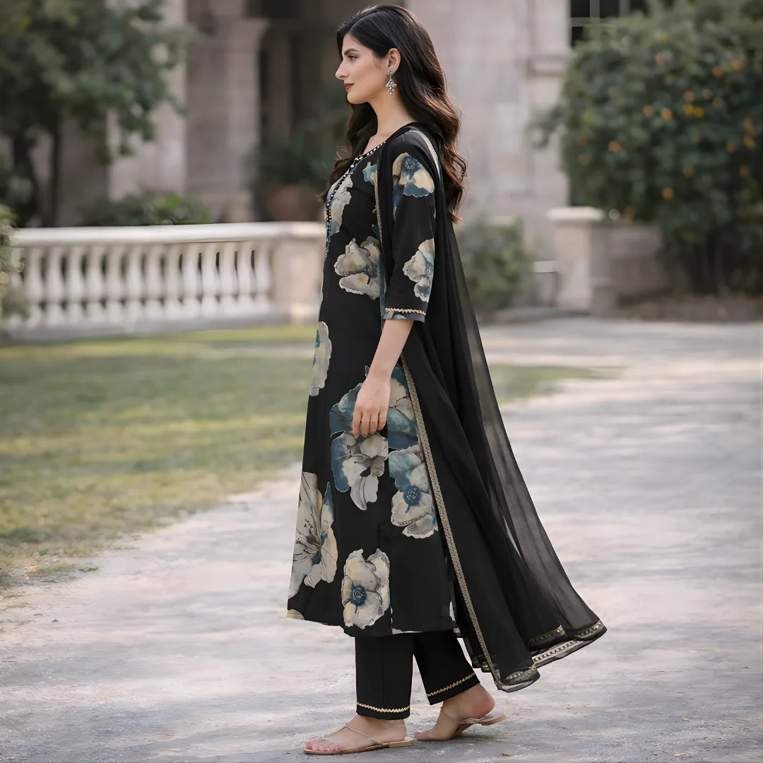 Side view of black floral frock pattern salwar suit with dupatta