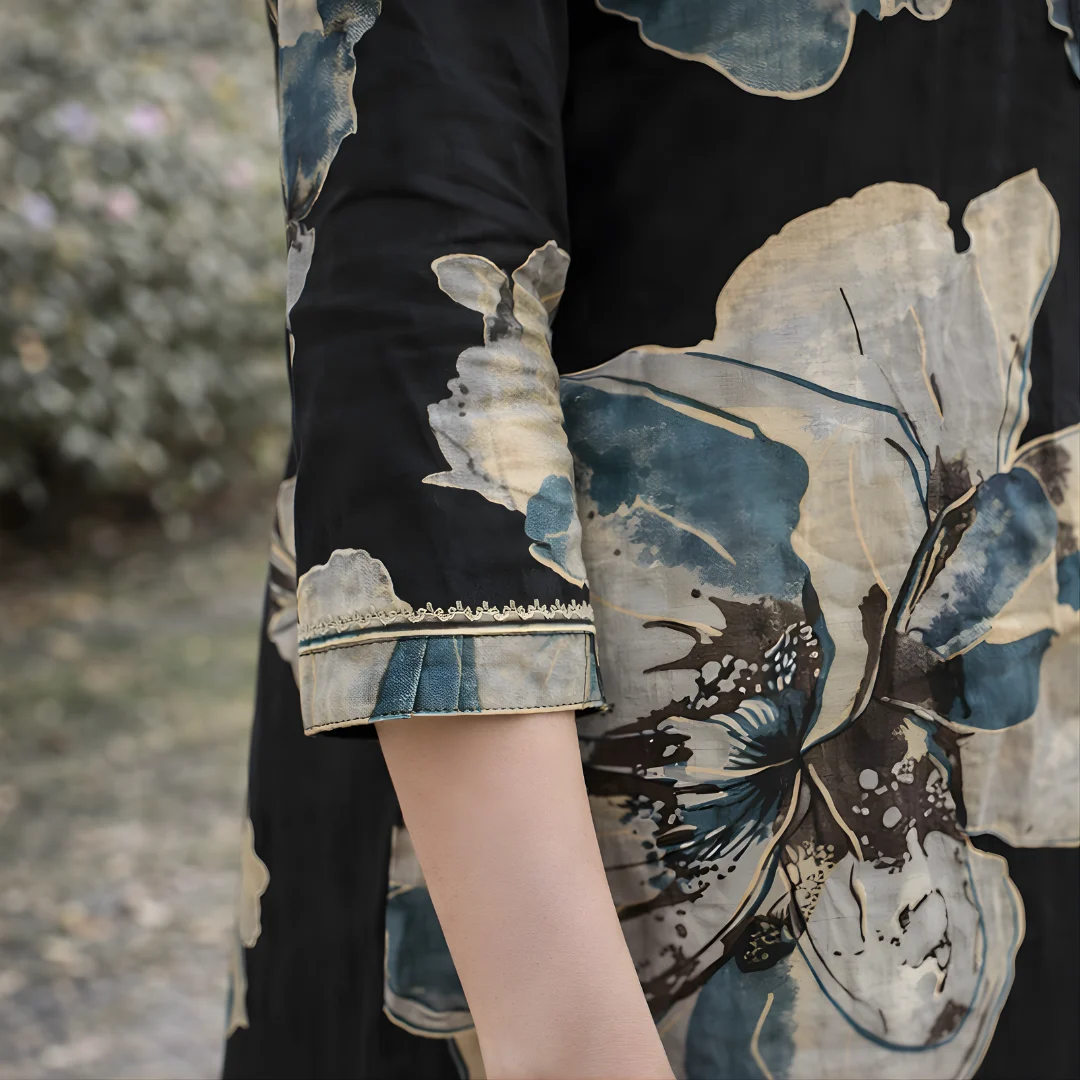 Black floral frock pattern suit sleeve with large floral print