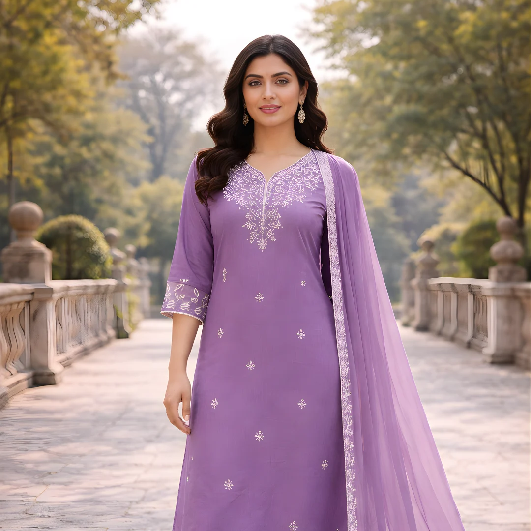 Lavender embroidered salwar suit front view for women