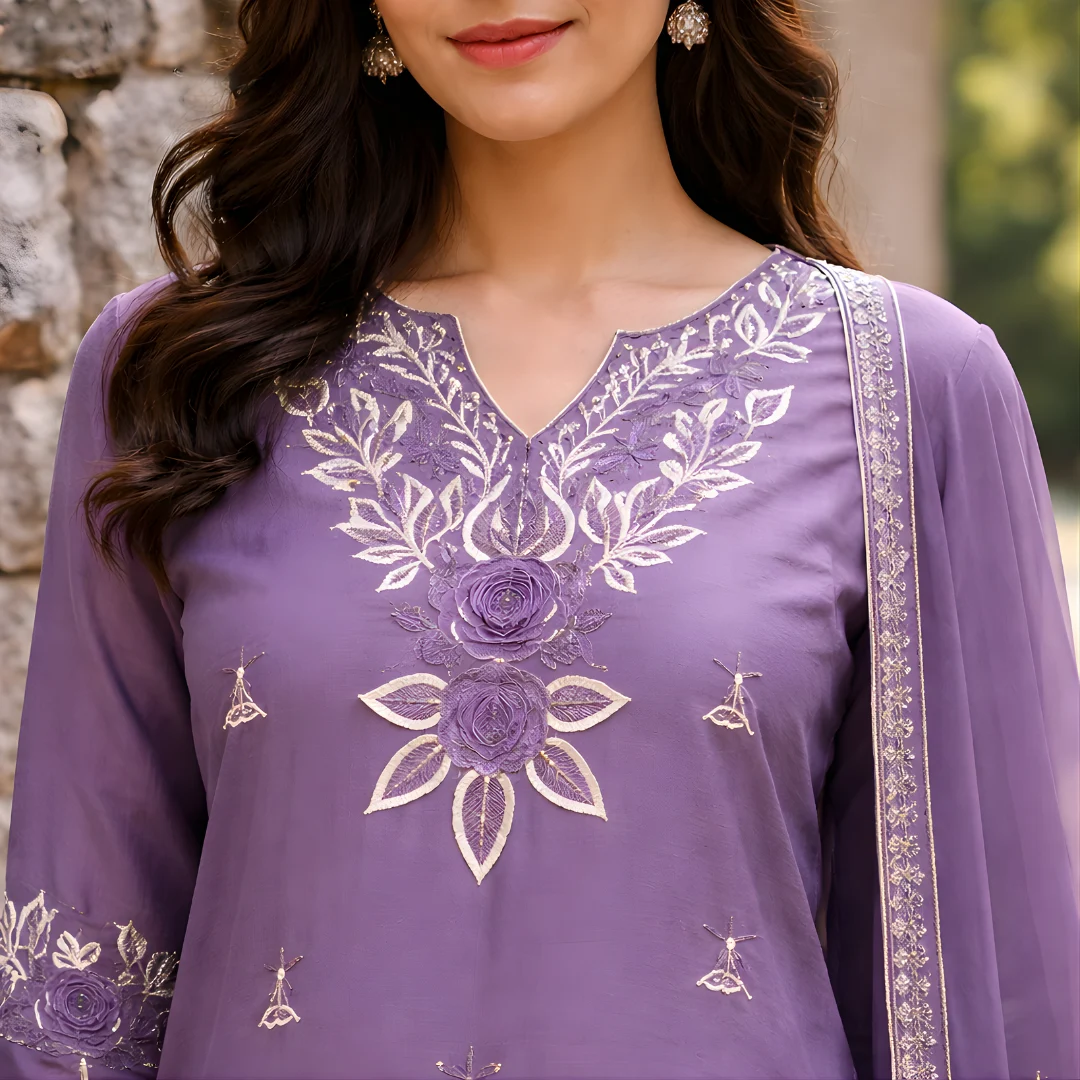 Lavender salwar suit embroidered neckline close up