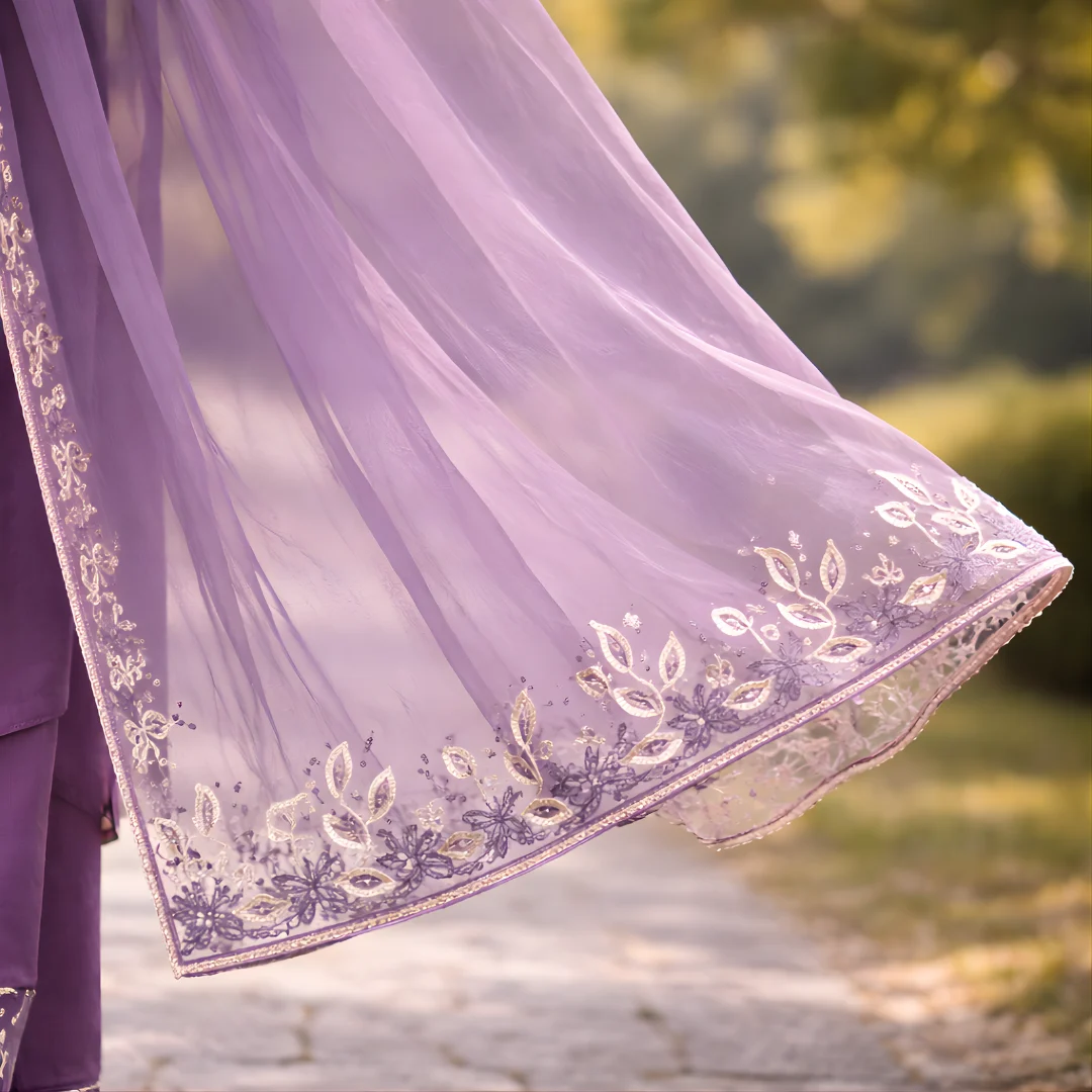 Lavender salwar suit dupatta border embroidery detail