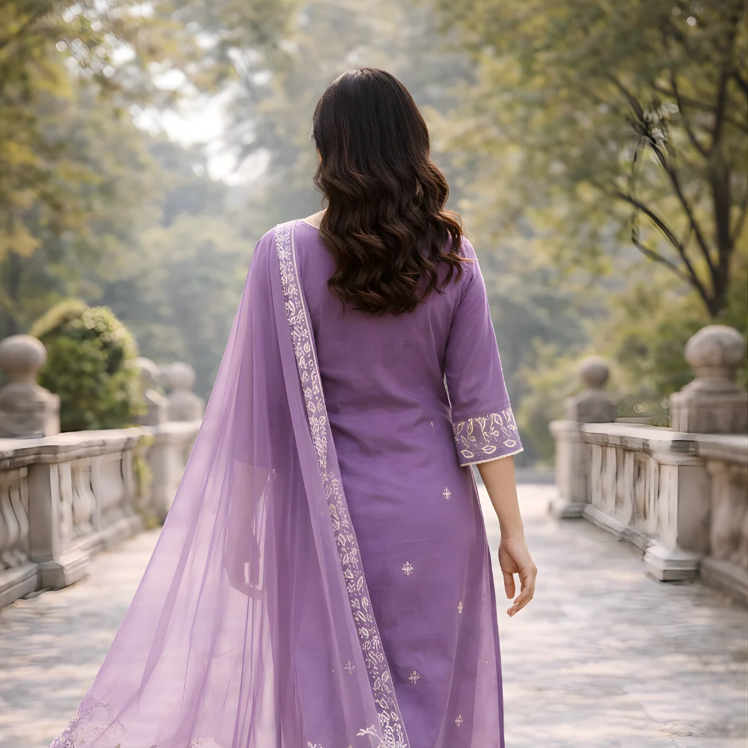 Lavender salwar suit back view with dupatta for women