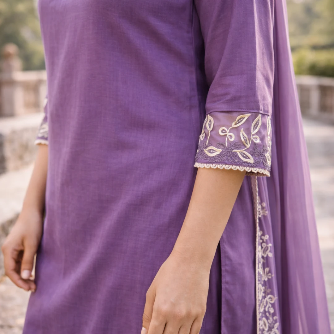Lavender salwar suit sleeve embroidery detail