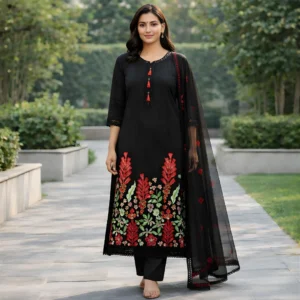 Black embroidered salwar suit with red floral embroidery for women