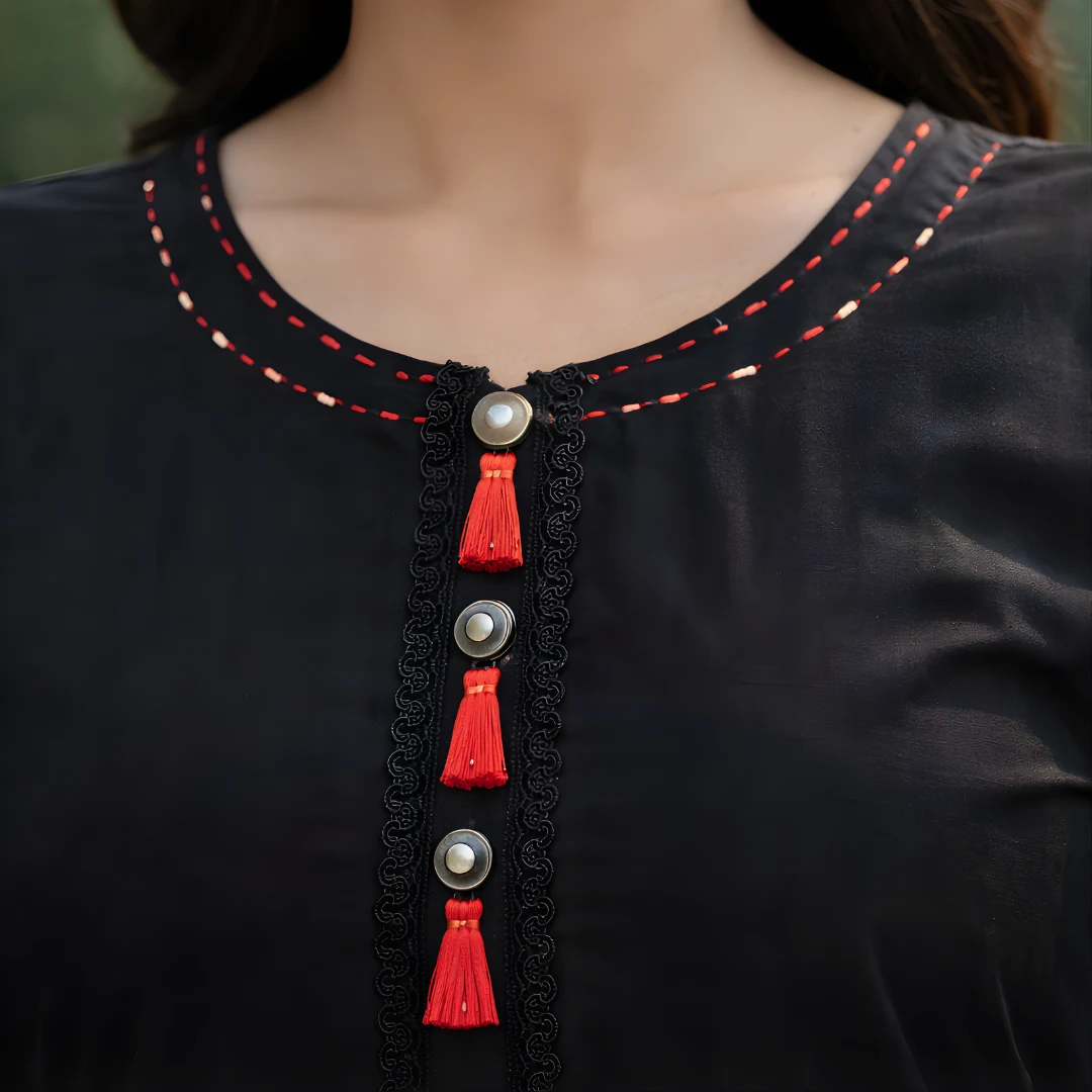 Black salwar suit neckline with tassel embroidery