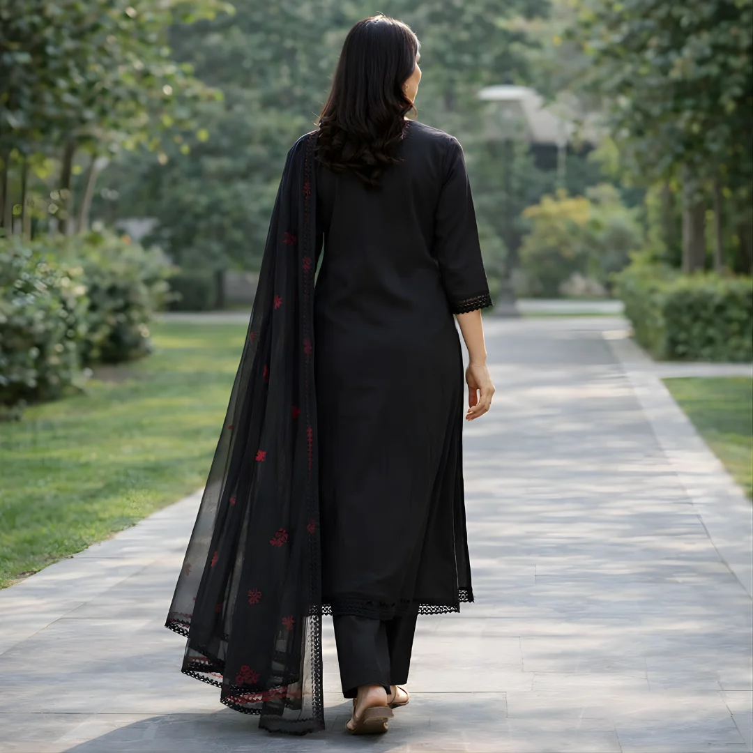 Black embroidered salwar suit back view with dupatta