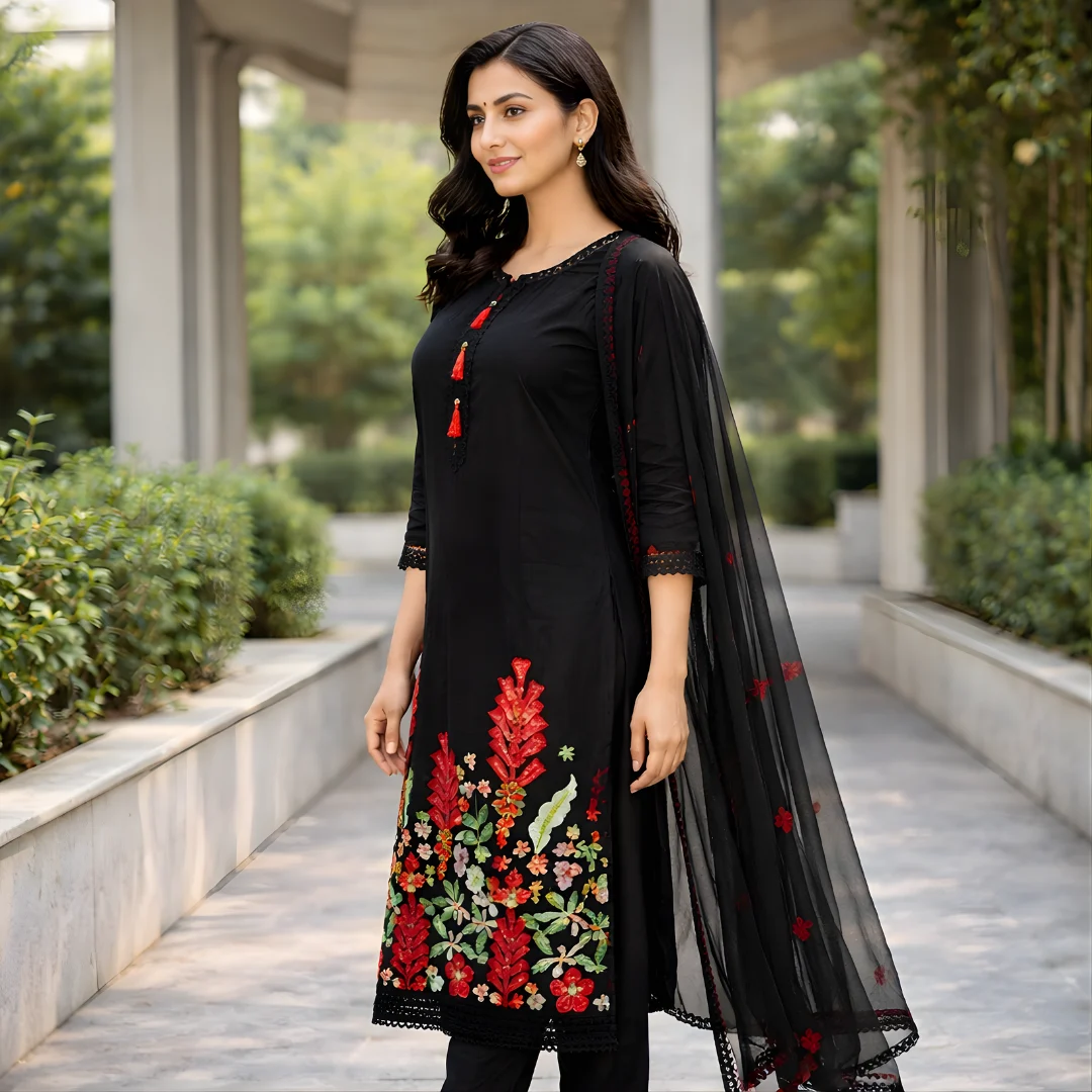 Black embroidered salwar suit side view for women
