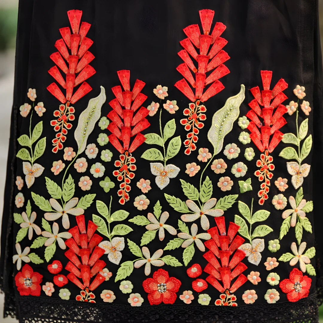 Black salwar suit red floral embroidery close up