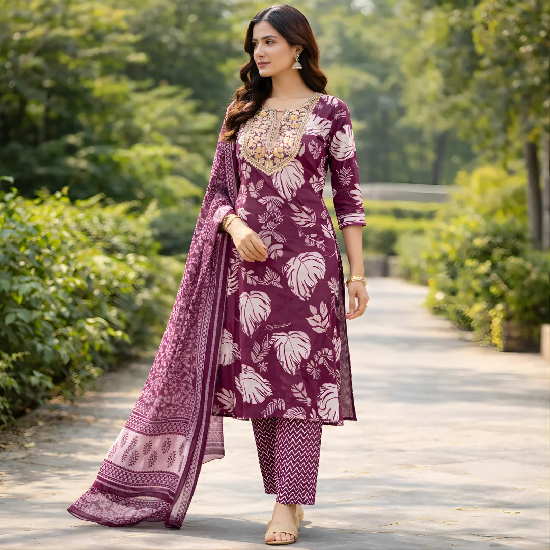 Plum salwar suit dupatta printed design