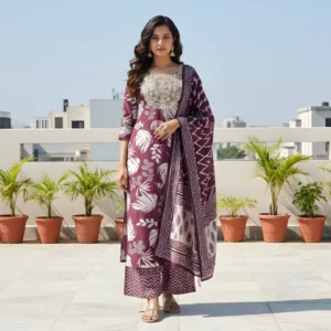 Plum printed salwar suit with embroidered neckline for women