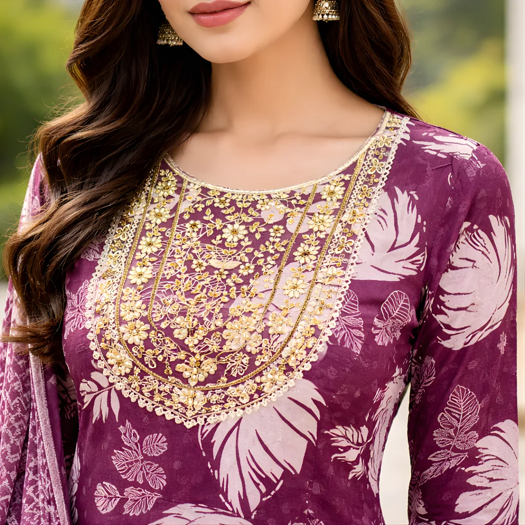 Plum salwar suit embroidered neckline close up
