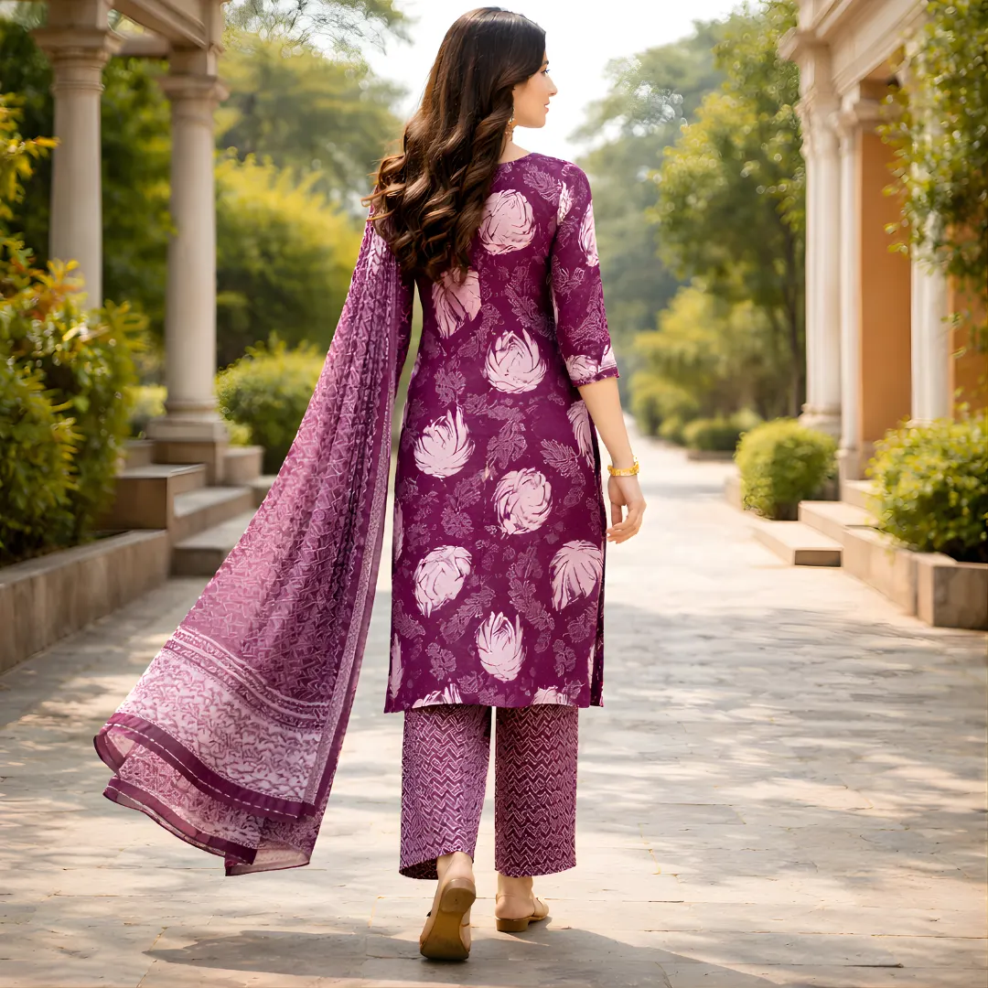 Plum printed salwar suit back view with dupatta